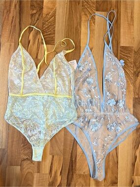 Nasty Gal Sheer Lace Bodysuit in Baby Blue & Nude